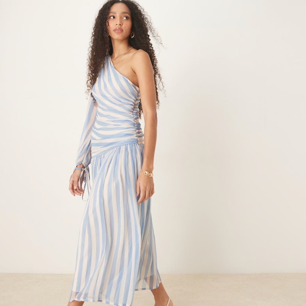 ASOS Blue and White Striped One-Shoulder Midi Dress